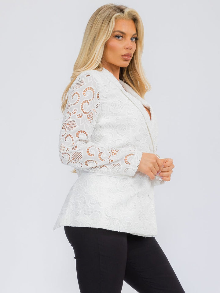 WOMEN'S LONG SLEEVE BUTTON CLOSURE POCKETS LACE DETAILED BLAZER