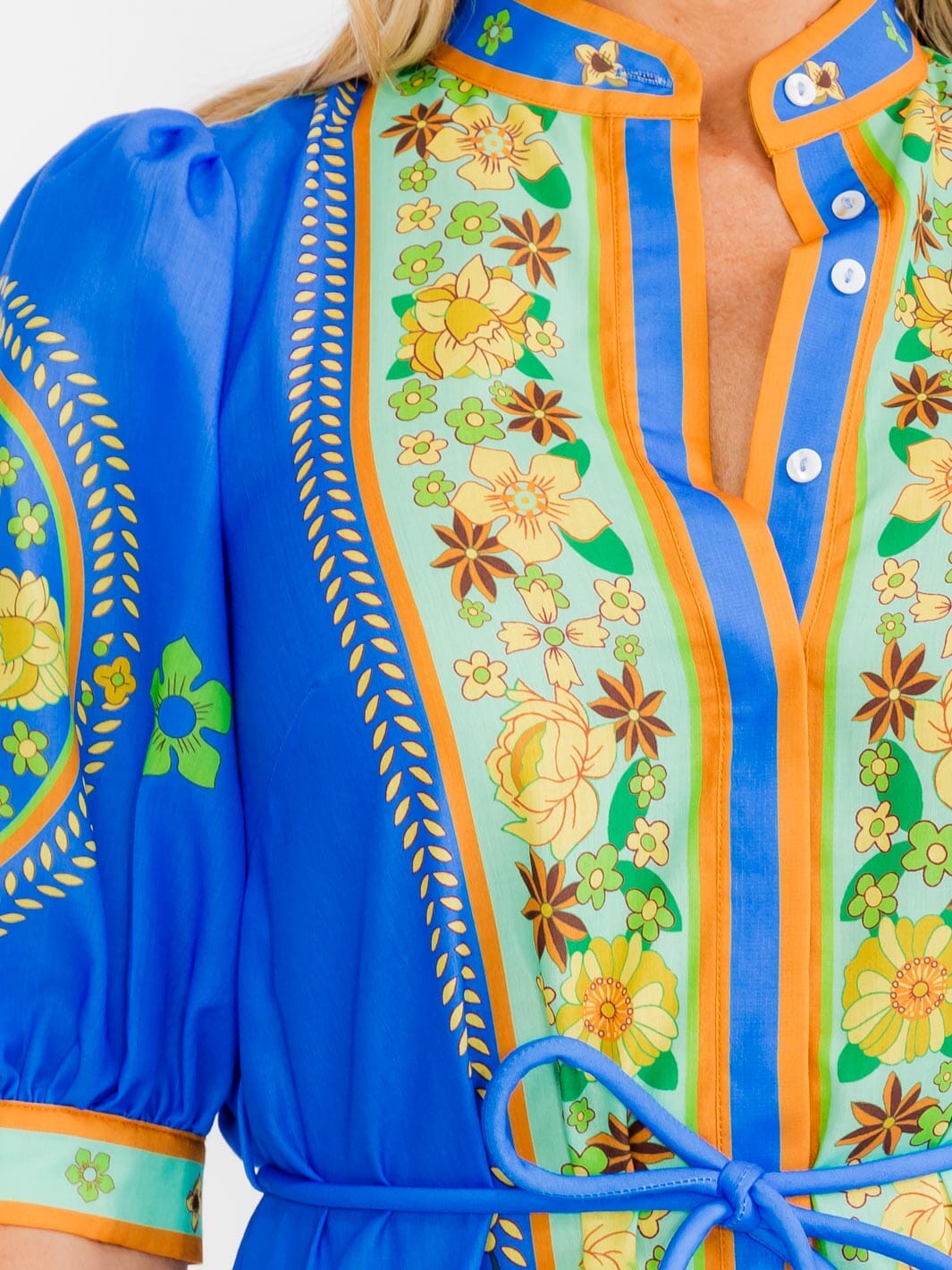 WOMEN'S SHORT PUFF SLEEVES COLORBLOCK BUTTON UP FLORAL MAXI DRESS