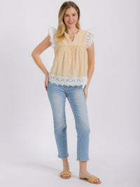 WOMEN'S RUFFLE SLEEVE V-NECK CROCHET TRIM PLAID BLOUSE