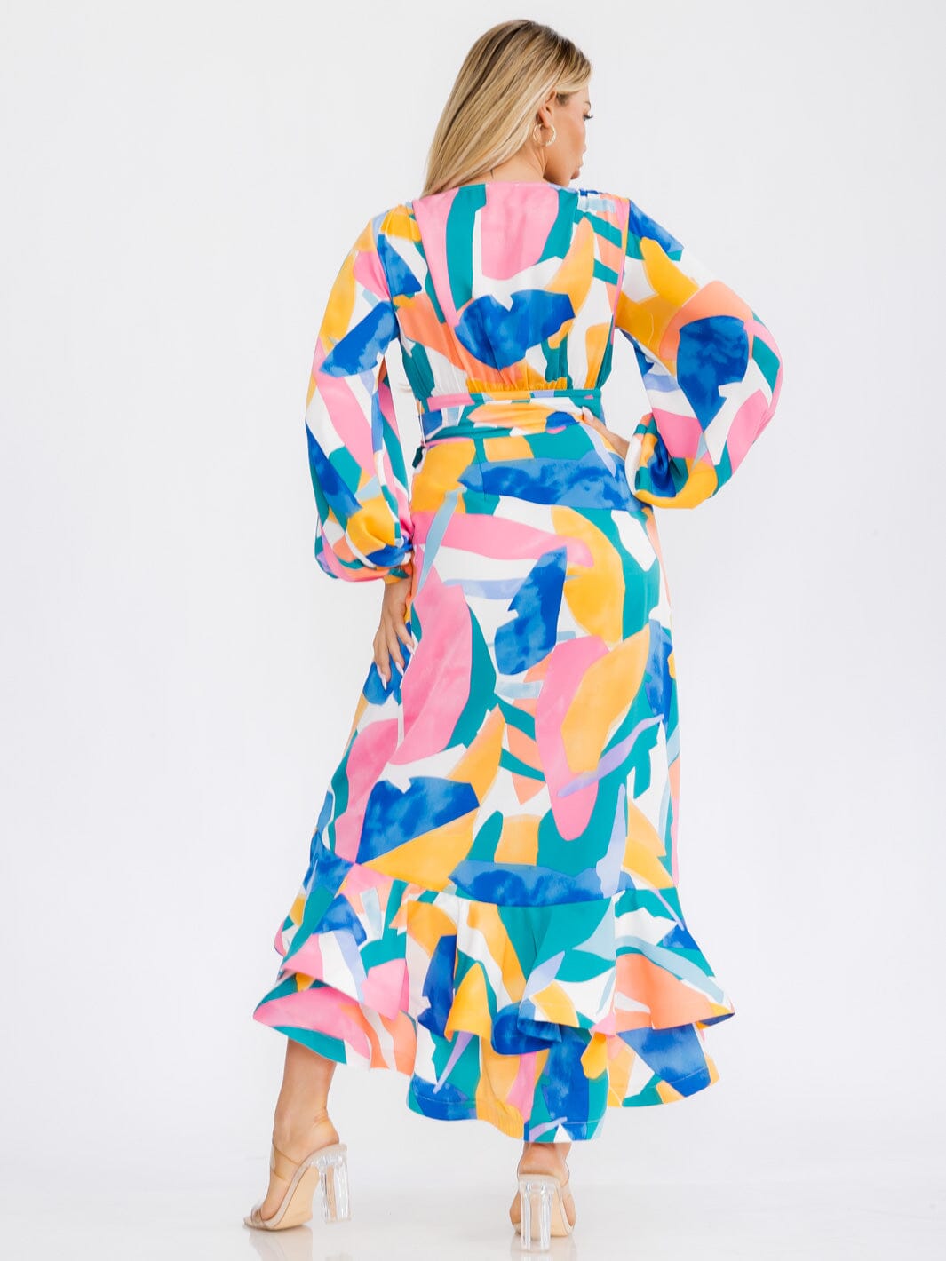 WOMEN'S LONG SLEEVES SELF TIE WRAP FRONT SLIT RUFFLE PRINTED MAXI DRESS