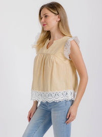 WOMEN'S RUFFLE SLEEVE V-NECK CROCHET TRIM PLAID BLOUSE