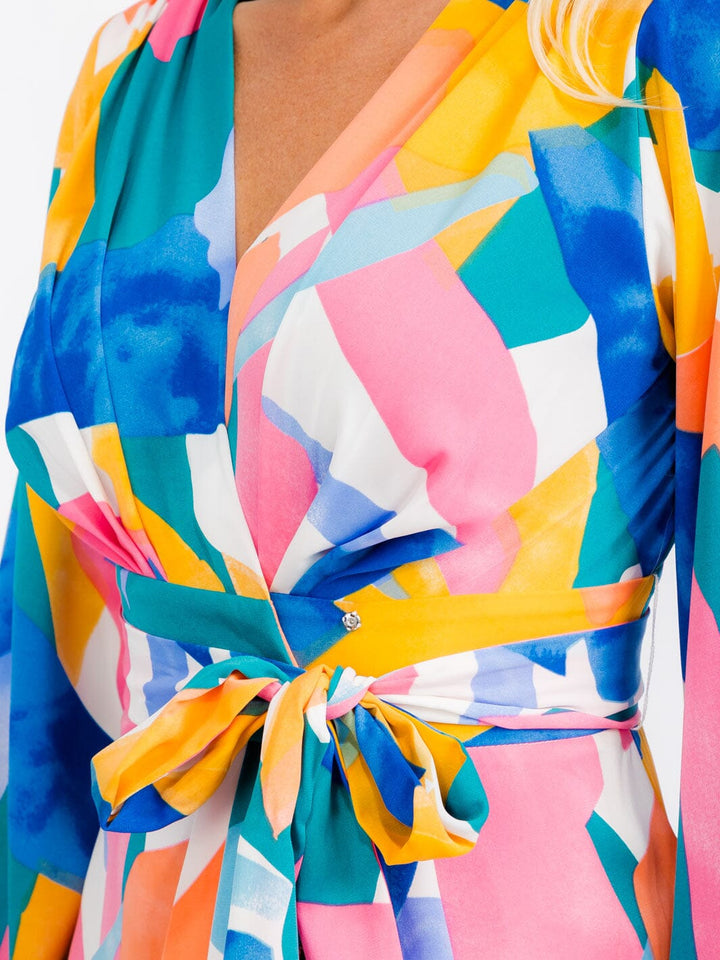 WOMEN'S LONG SLEEVES SELF TIE WRAP FRONT SLIT RUFFLE PRINTED MAXI DRESS