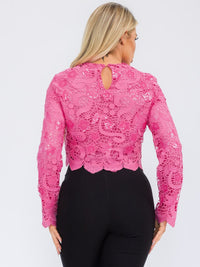 WOMEN'S LONG SLEEVE EYELET TRIM DETAILED BLOUSE TOP