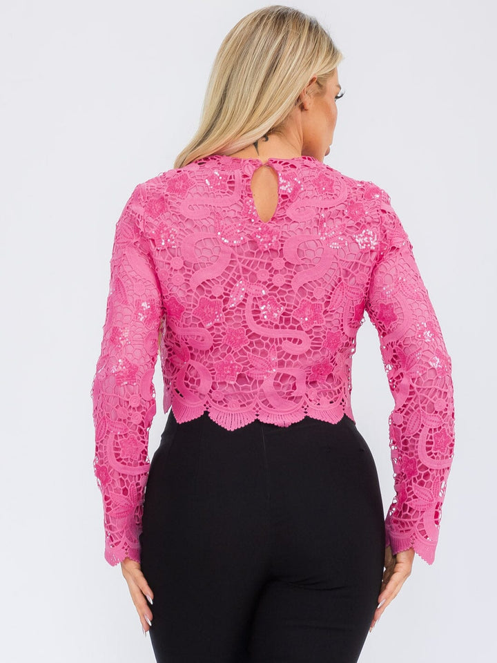 WOMEN'S LONG SLEEVE EYELET TRIM DETAILED BLOUSE TOP