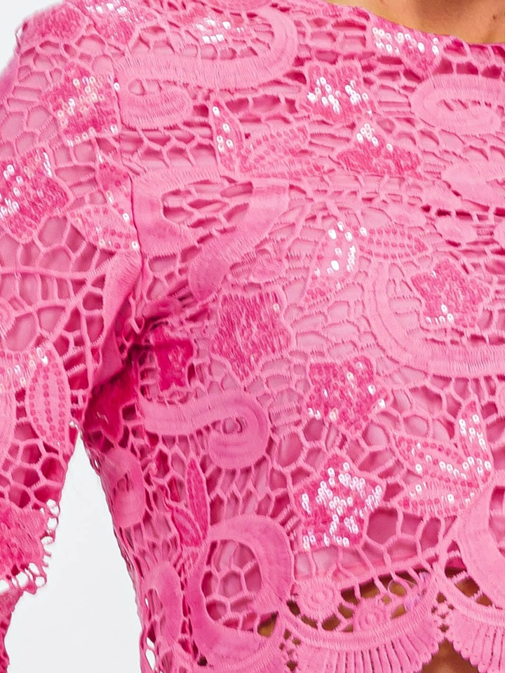 WOMEN'S LONG SLEEVE EYELET TRIM DETAILED BLOUSE TOP