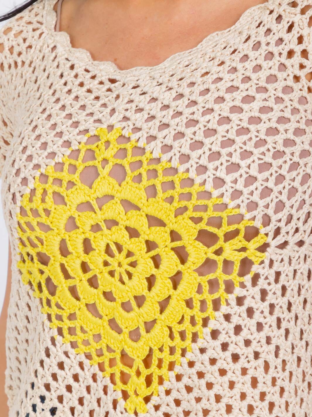 WOMEN'S SHORT SLEEVE CROCHET COLORBLOCK LOW-HIGH KNIT TOP