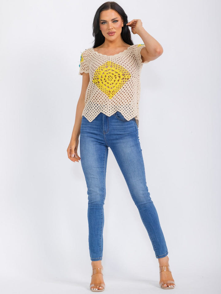 WOMEN'S SHORT SLEEVE CROCHET COLORBLOCK LOW-HIGH KNIT TOP