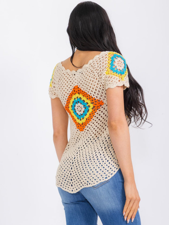WOMEN'S SHORT SLEEVE CROCHET COLORBLOCK LOW-HIGH KNIT TOP