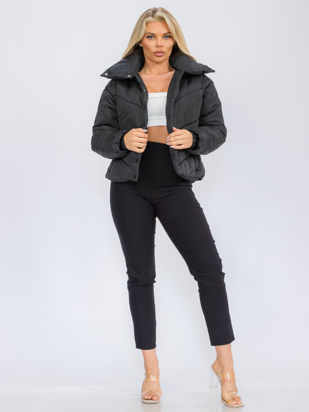 WOMEN'S LONG SLEEVE BUTTON UP FRONT POCKETS PUFFER JACKET