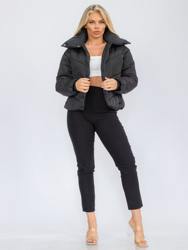 WOMEN'S LONG SLEEVE BUTTON UP FRONT POCKETS PUFFER JACKET