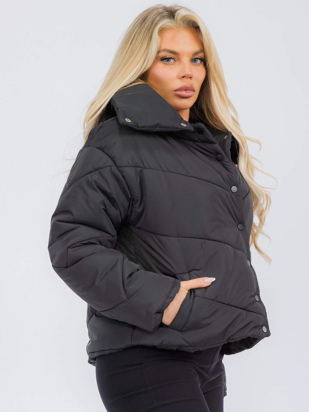 WOMEN'S LONG SLEEVE BUTTON UP FRONT POCKETS PUFFER JACKET