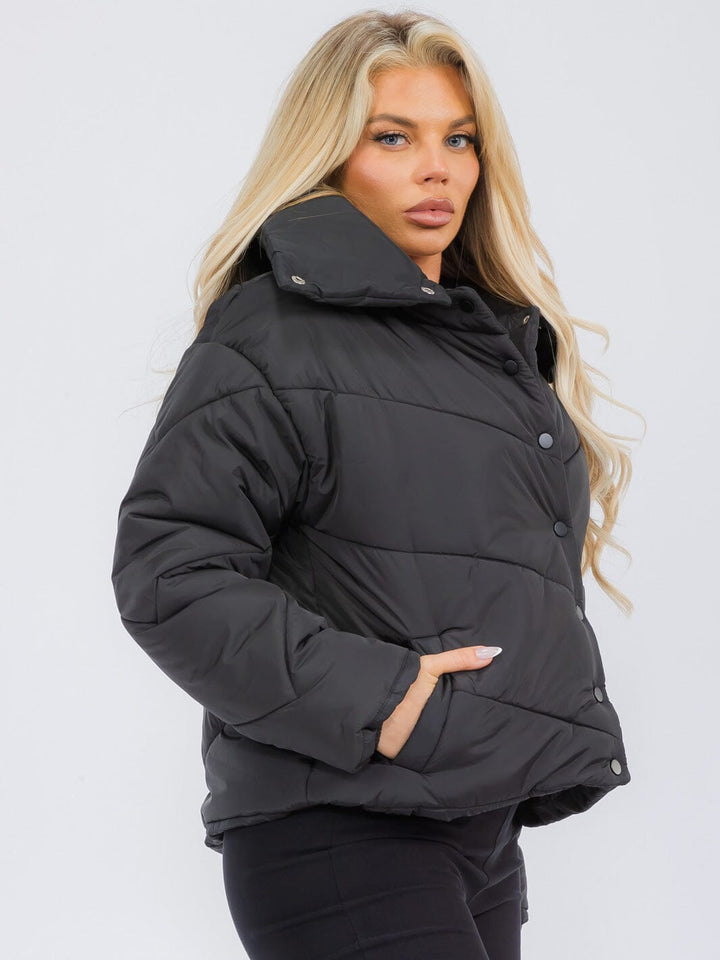 WOMEN'S LONG SLEEVE BUTTON UP FRONT POCKETS PUFFER JACKET