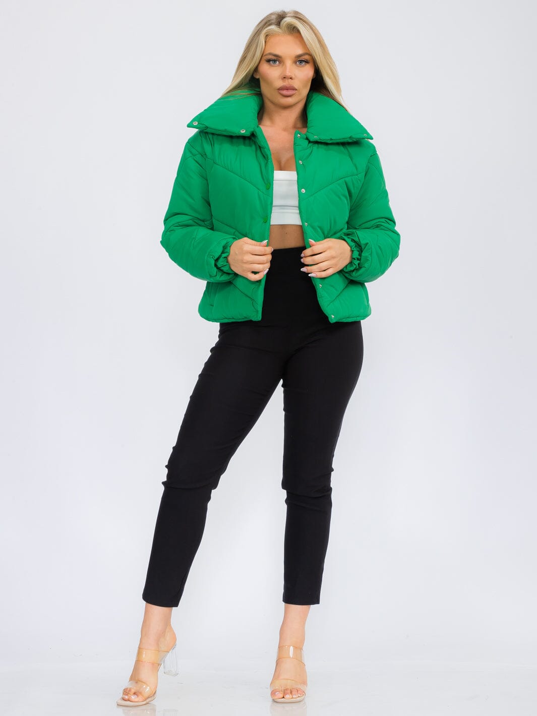 WOMEN'S LONG SLEEVE BUTTON UP FRONT POCKETS PUFFER JACKET