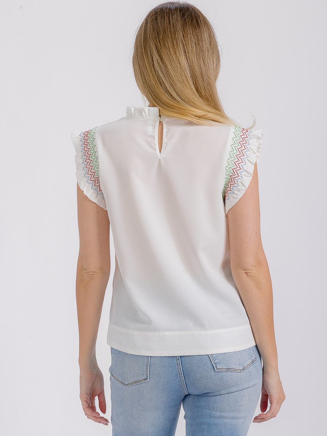 WOMEN'S RUFFLE SLEEVE MOCK NECK TRIM DETAILED BLOUSE