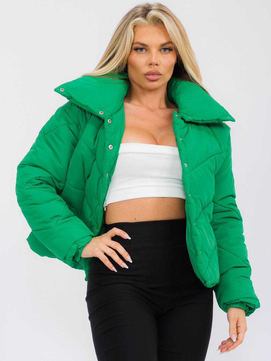 WOMEN'S LONG SLEEVE BUTTON UP FRONT POCKETS PUFFER JACKET