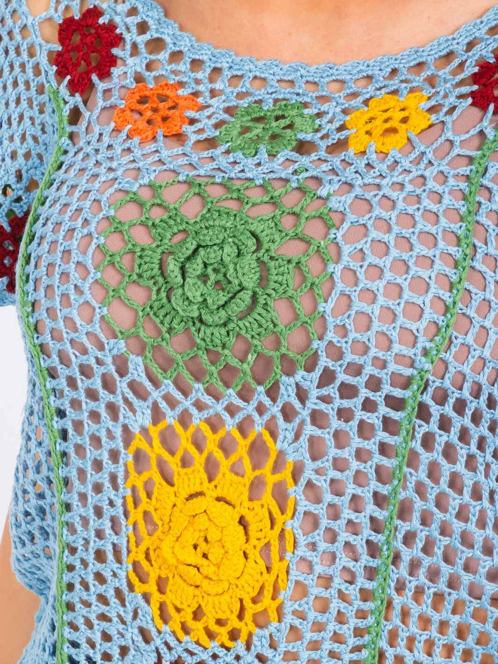 WOMEN'S SHORT SLEEVE FLOWERS COLORBLOCK KNIT TOP