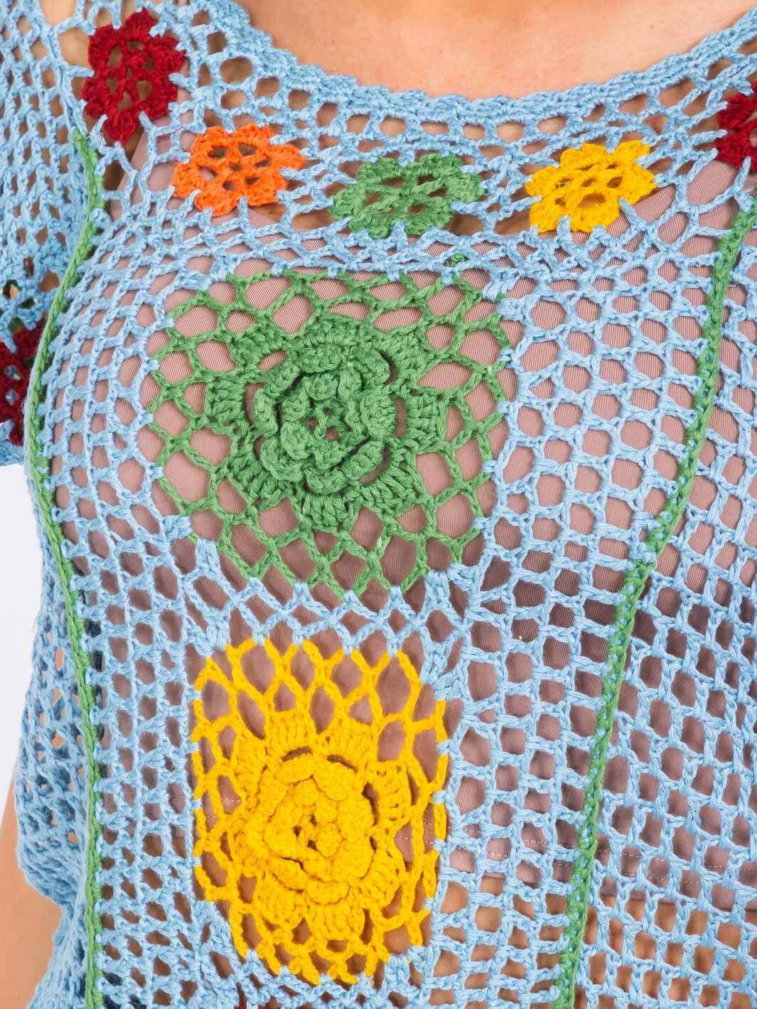 WOMEN'S SHORT SLEEVE FLOWERS COLORBLOCK KNIT TOP