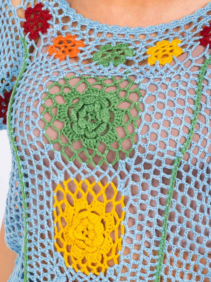 WOMEN'S SHORT SLEEVE FLOWERS COLORBLOCK KNIT TOP