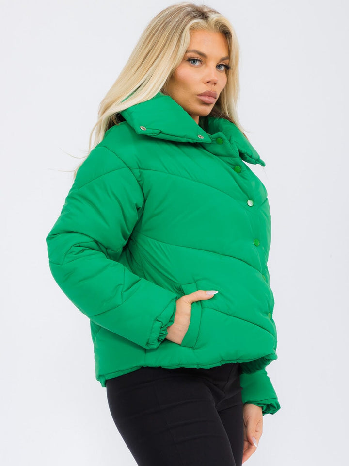 WOMEN'S LONG SLEEVE BUTTON UP FRONT POCKETS PUFFER JACKET