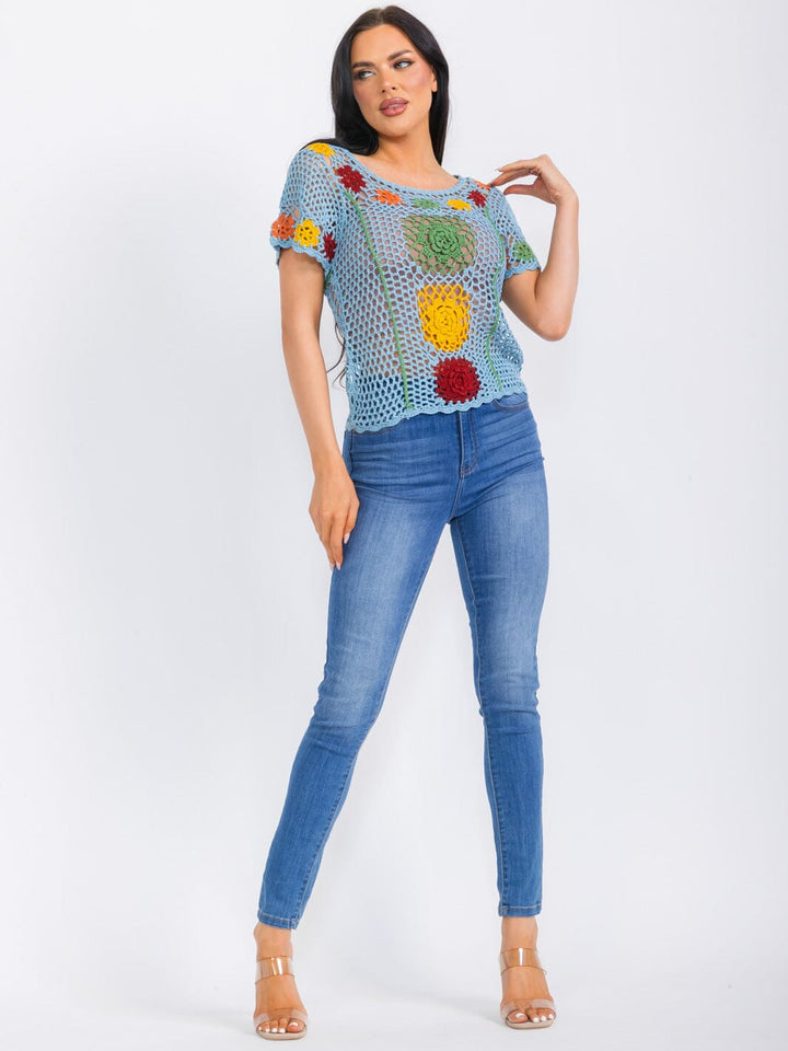 WOMEN'S SHORT SLEEVE FLOWERS COLORBLOCK KNIT TOP