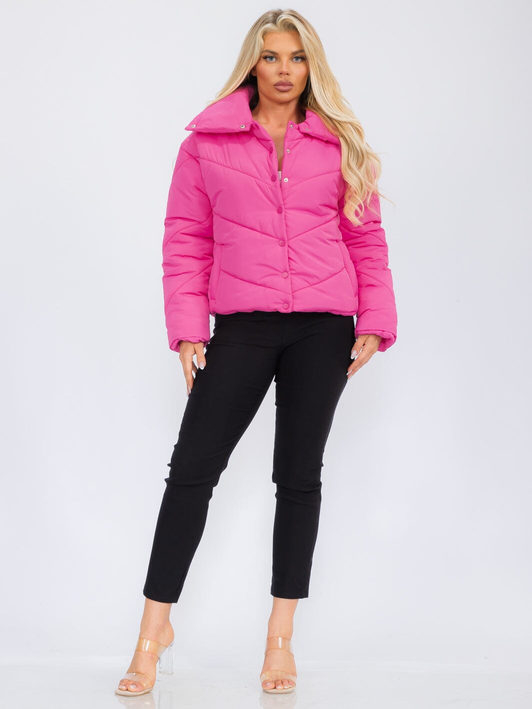 WOMEN'S LONG SLEEVE BUTTON UP FRONT POCKETS PUFFER JACKET