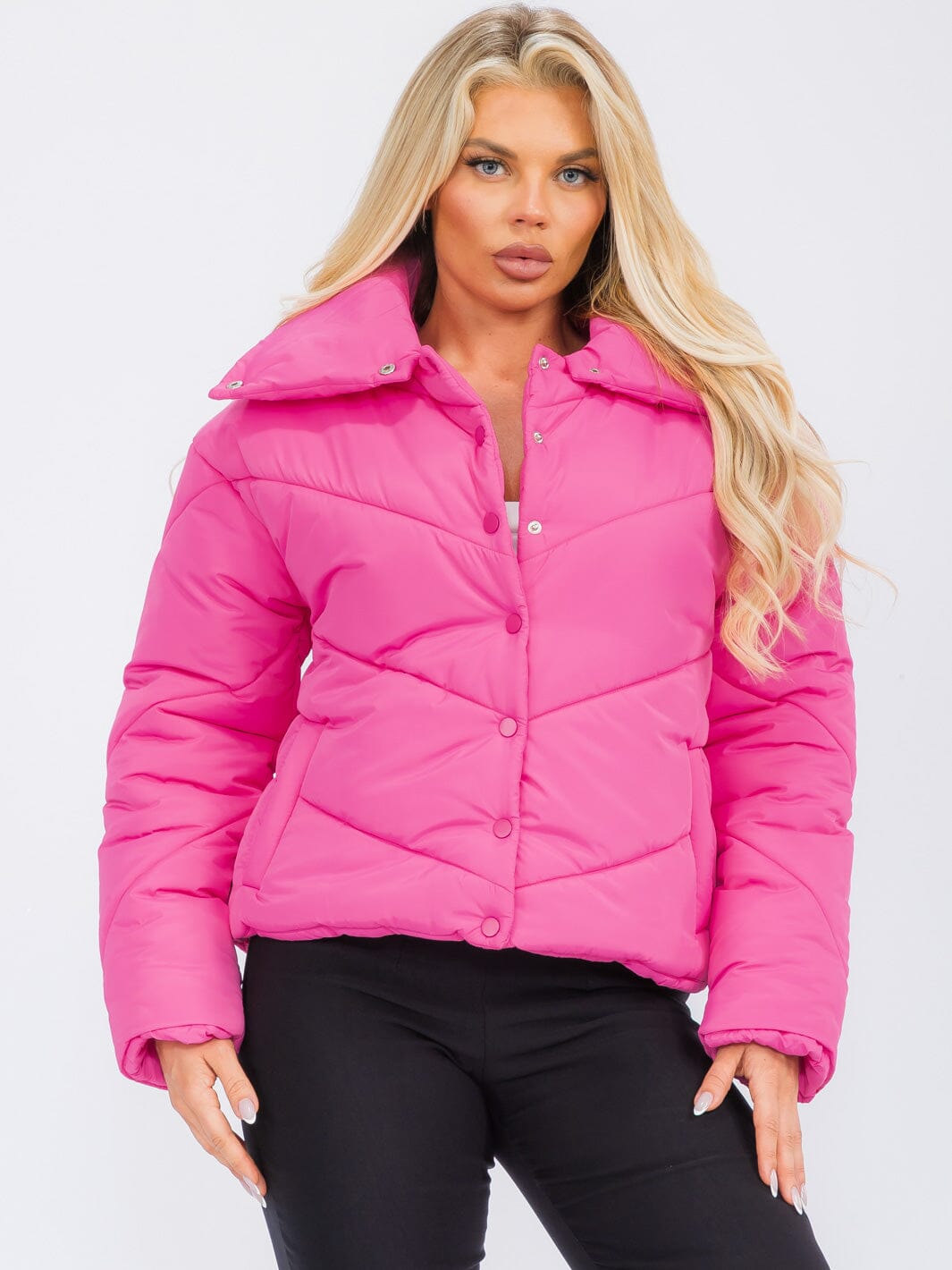 WOMEN'S LONG SLEEVE BUTTON UP FRONT POCKETS PUFFER JACKET