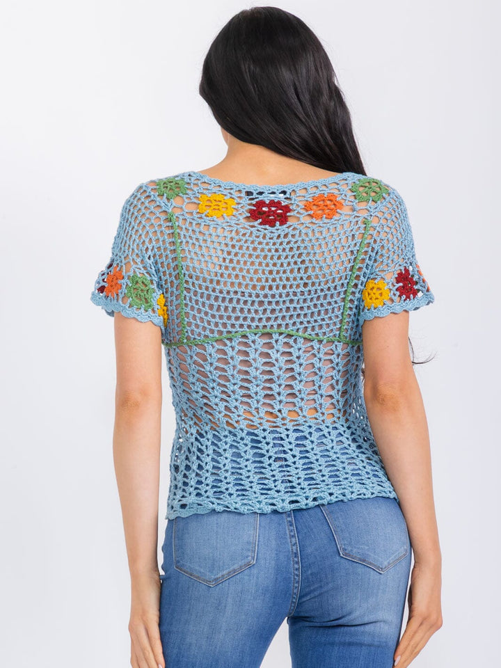 WOMEN'S SHORT SLEEVE FLOWERS COLORBLOCK KNIT TOP