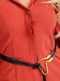 WOMEN'S LONG SLEEVE BUTTON UP BELTED LINEN MINI DRESS