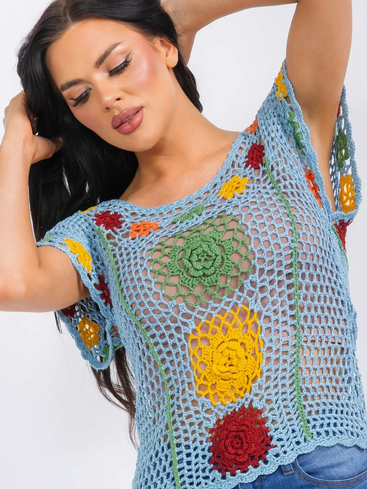 WOMEN'S SHORT SLEEVE FLOWERS COLORBLOCK KNIT TOP