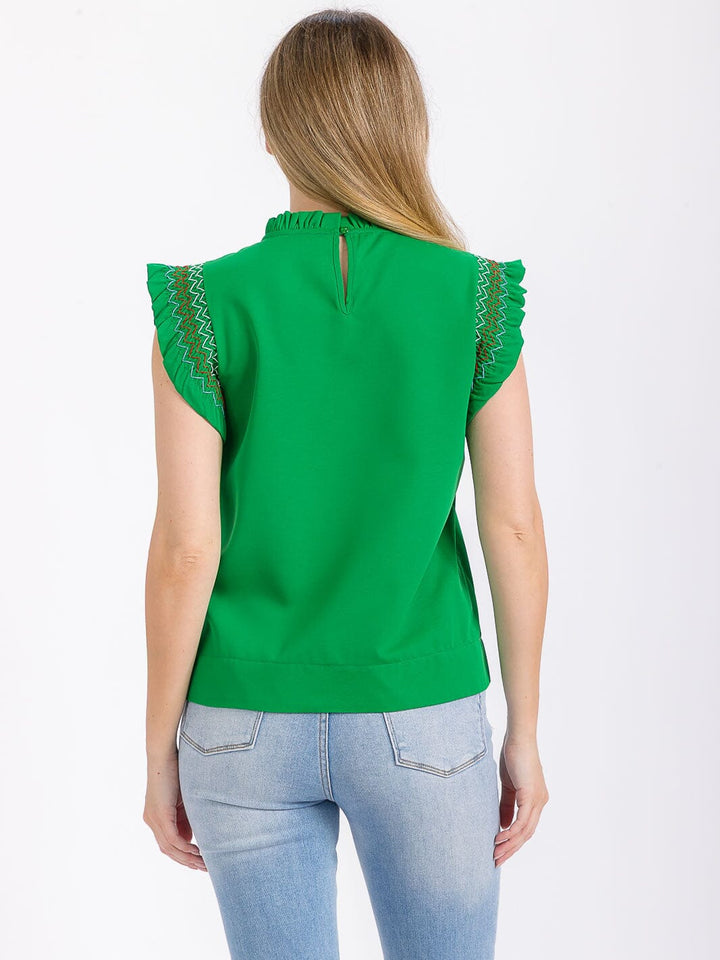 WOMEN'S RUFFLE SLEEVE MOCK NECK TRIM DETAILED BLOUSE