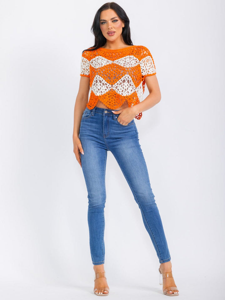 WOMEN'S SHORT SLEEVE COLORBLOCK TRIM DETAILED KNIT TOP