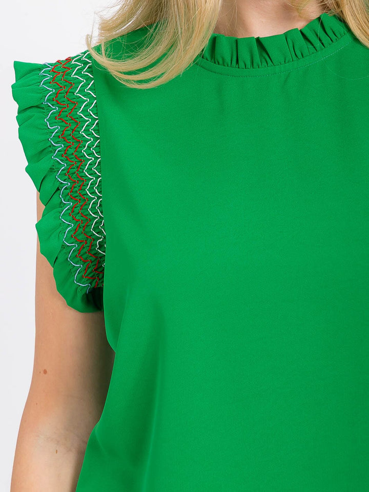 WOMEN'S RUFFLE SLEEVE MOCK NECK TRIM DETAILED BLOUSE