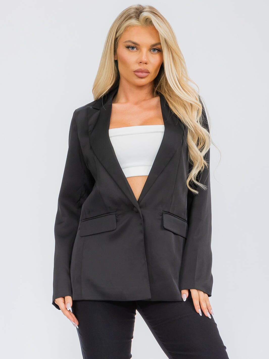 WOMEN'S LONG SLEEVE BUTTON CLOSURE POCKETS SATIN BLAZER