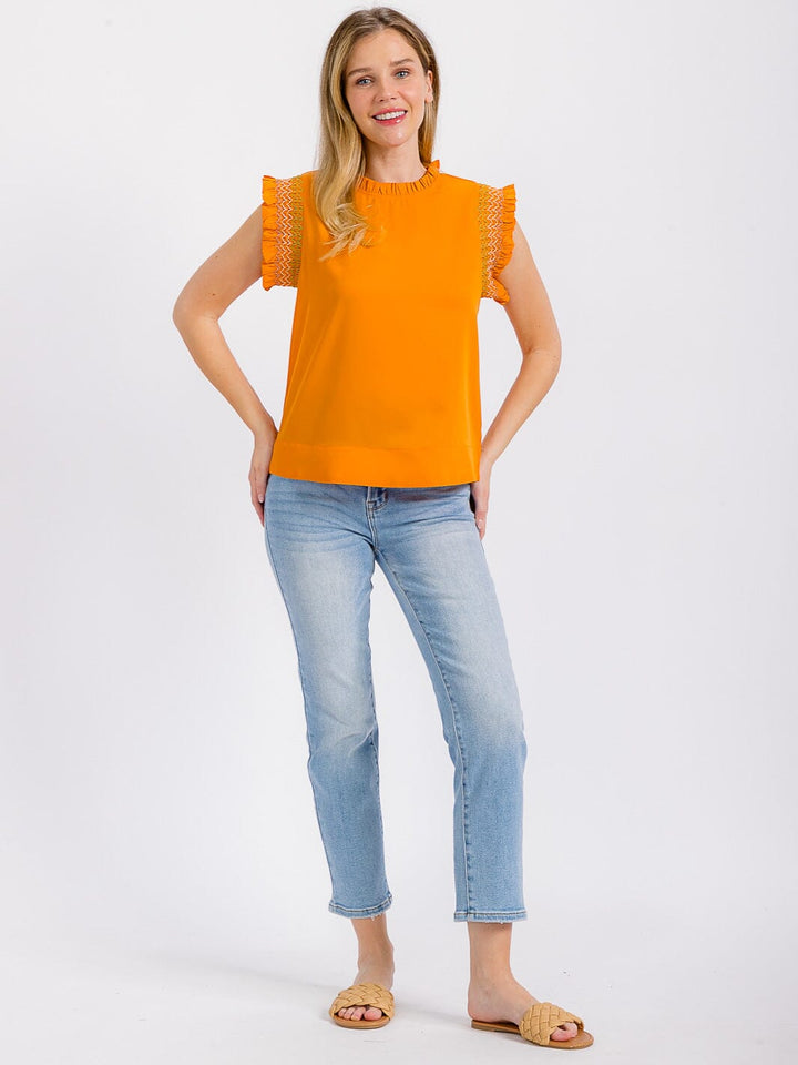 WOMEN'S RUFFLE SLEEVE MOCK NECK TRIM DETAILED BLOUSE