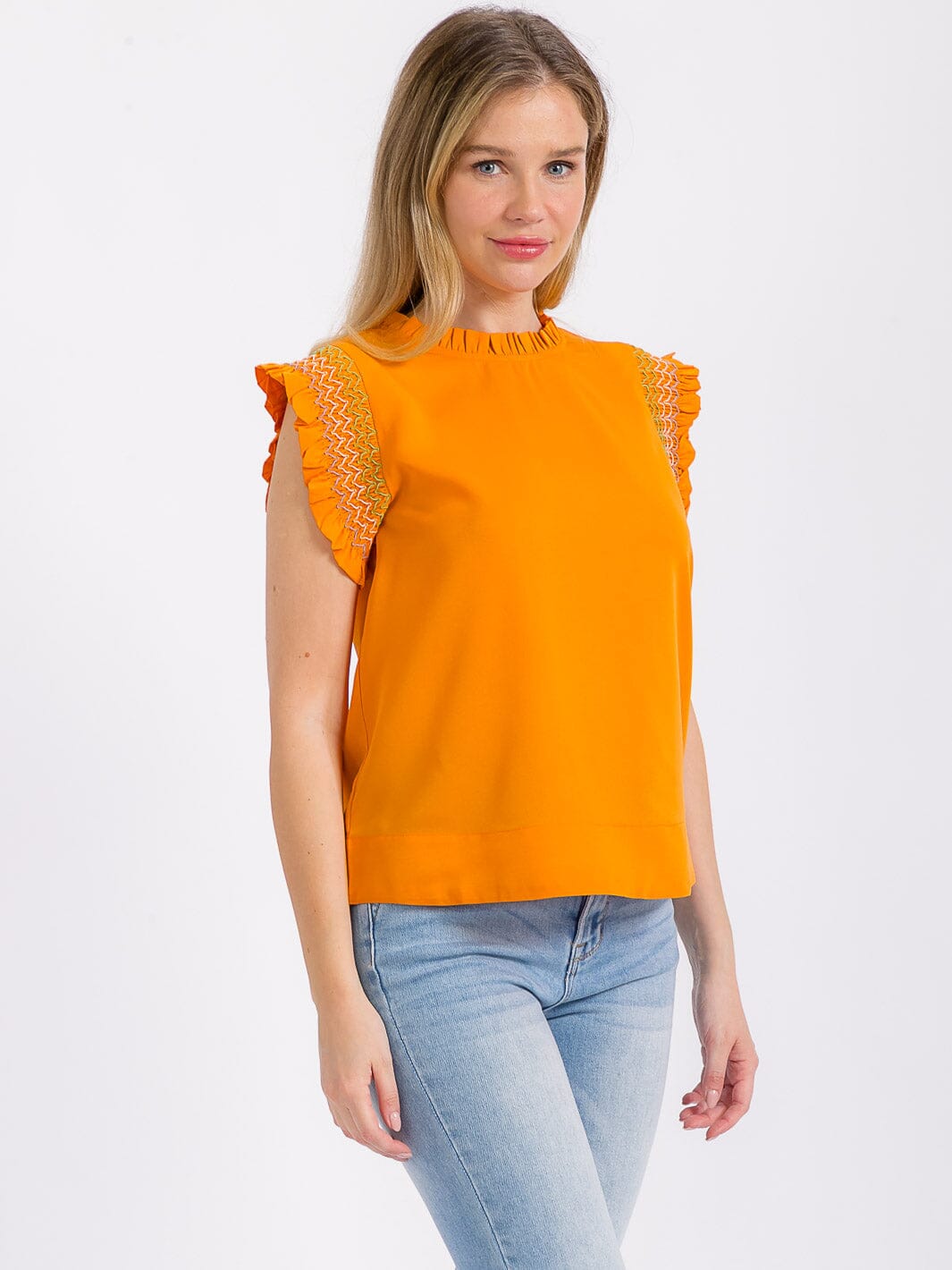 WOMEN'S RUFFLE SLEEVE MOCK NECK TRIM DETAILED BLOUSE