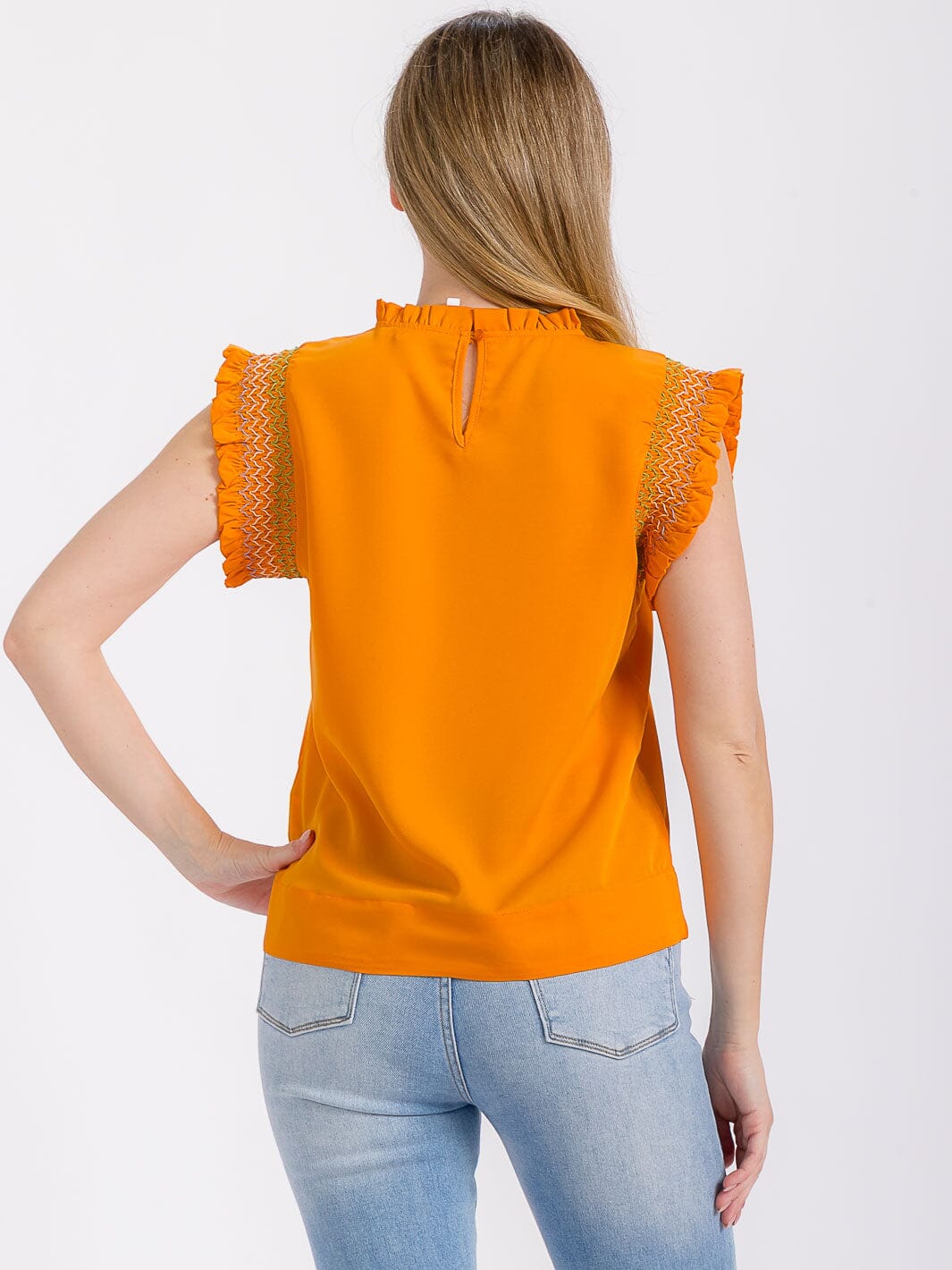 WOMEN'S RUFFLE SLEEVE MOCK NECK TRIM DETAILED BLOUSE