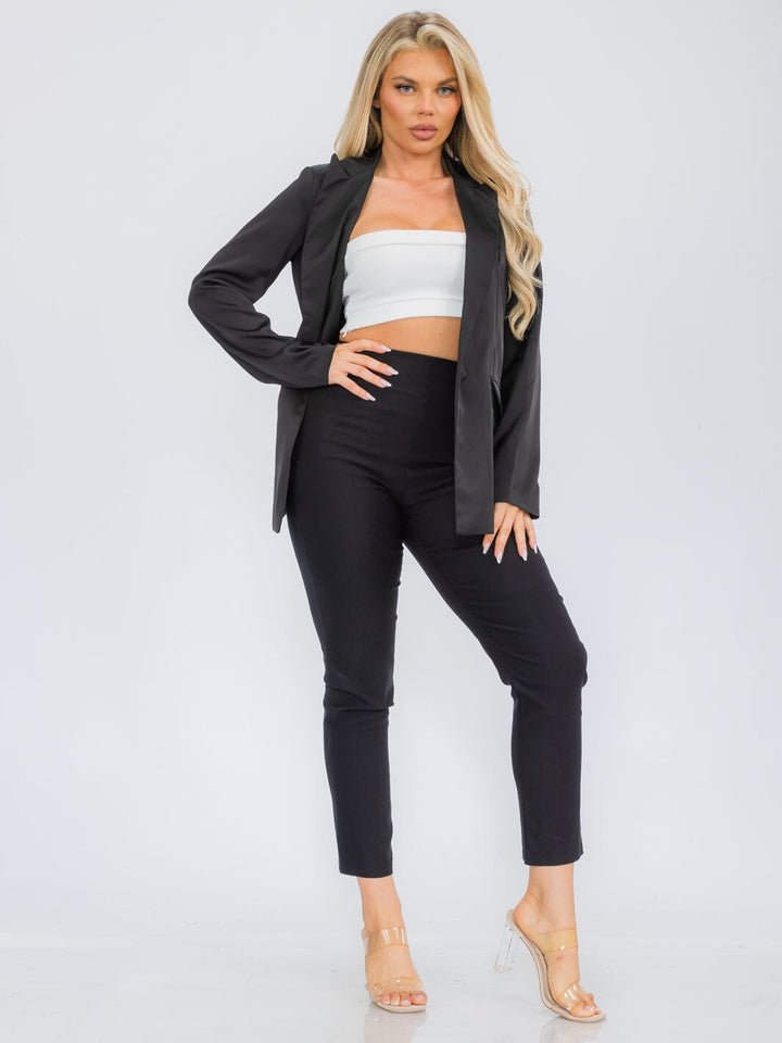 WOMEN'S LONG SLEEVE BUTTON CLOSURE POCKETS SATIN BLAZER