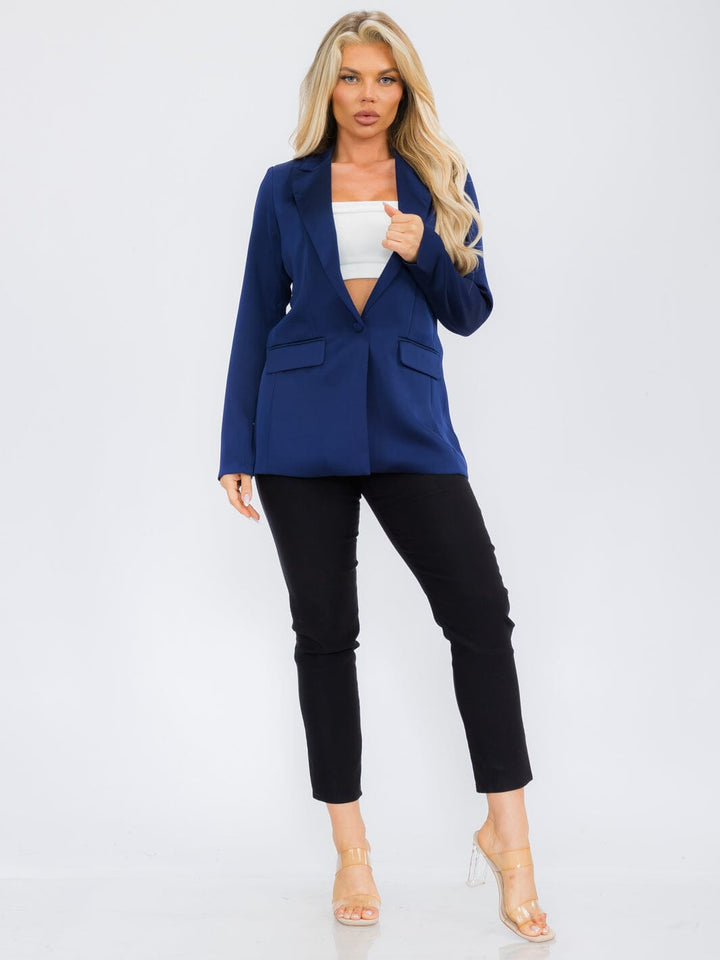 WOMEN'S LONG SLEEVE BUTTON CLOSURE POCKETS SATIN BLAZER