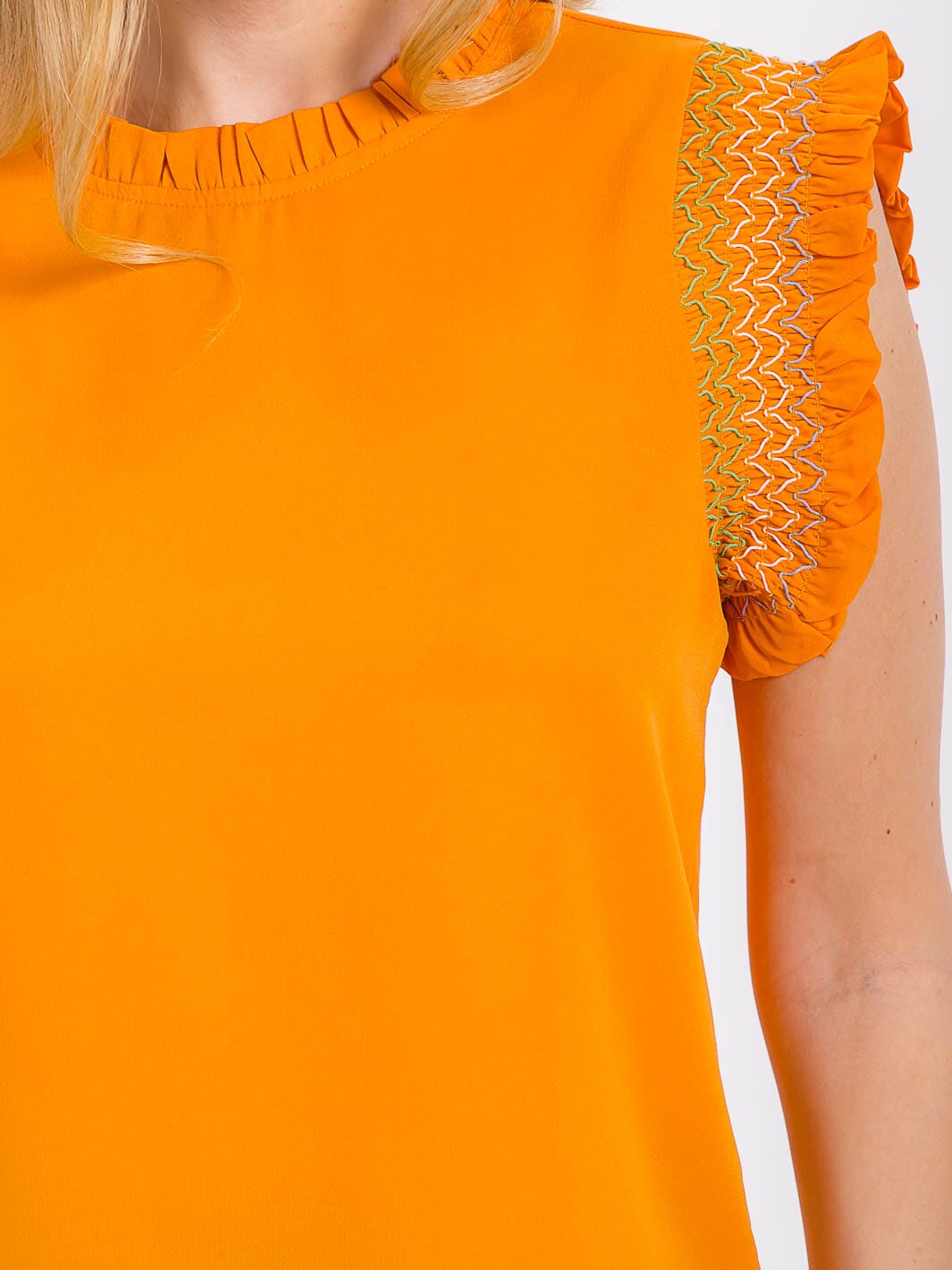 WOMEN'S RUFFLE SLEEVE MOCK NECK TRIM DETAILED BLOUSE