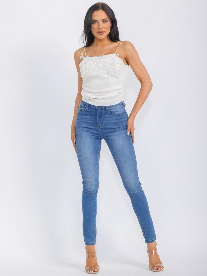 WOMEN'S SLEEVELESS RUCHED STUDS DETAILED TANK TOP