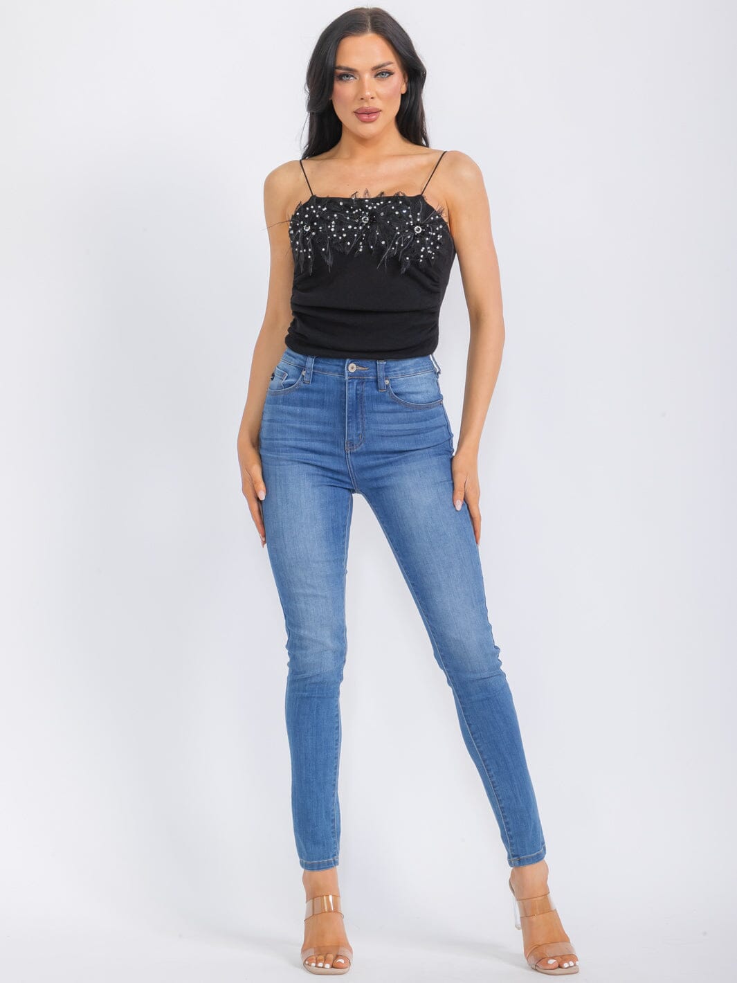 WOMEN'S SLEEVELESS RUCHED STUDS DETAILED TANK TOP