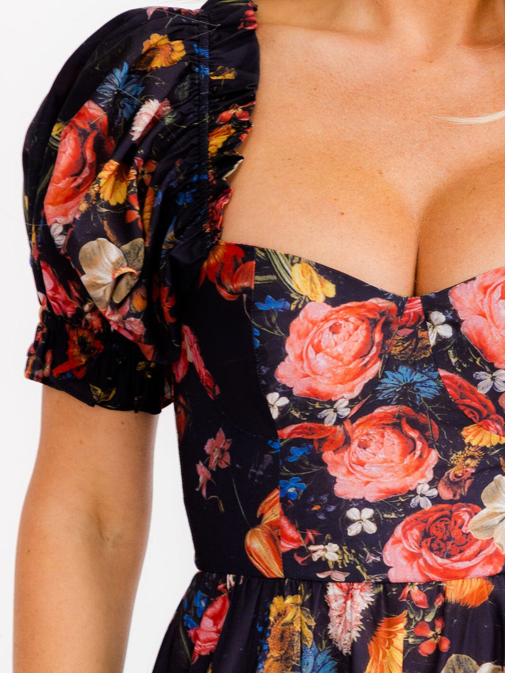 WOMEN'S SHORT PUFF SLEEVES FLORAL MAXI DRESS