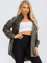 WOMEN'S LONG SLEEVE BUTTON CLOSURE PU PLEATHER JACKET