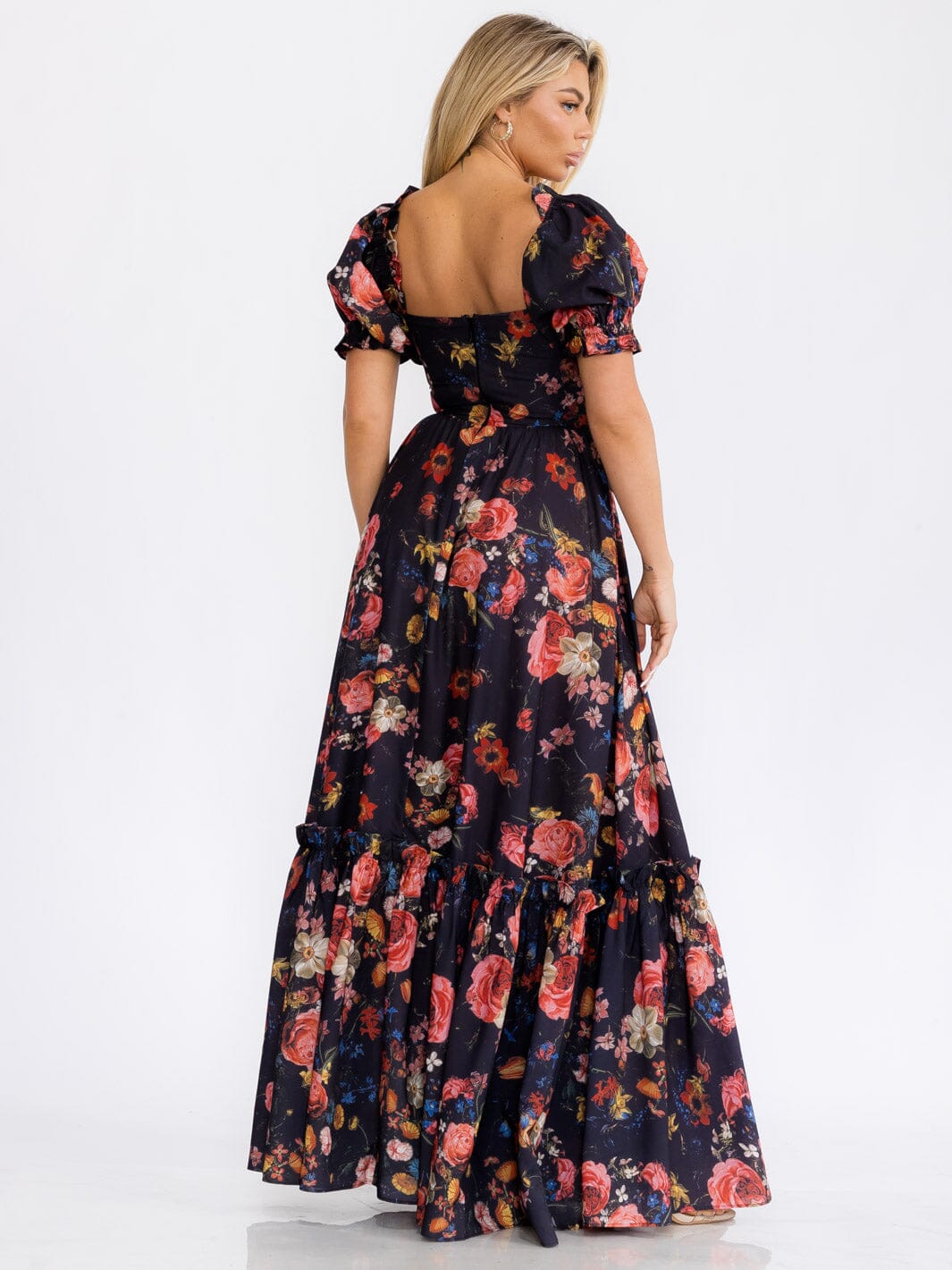 WOMEN'S SHORT PUFF SLEEVES FLORAL MAXI DRESS