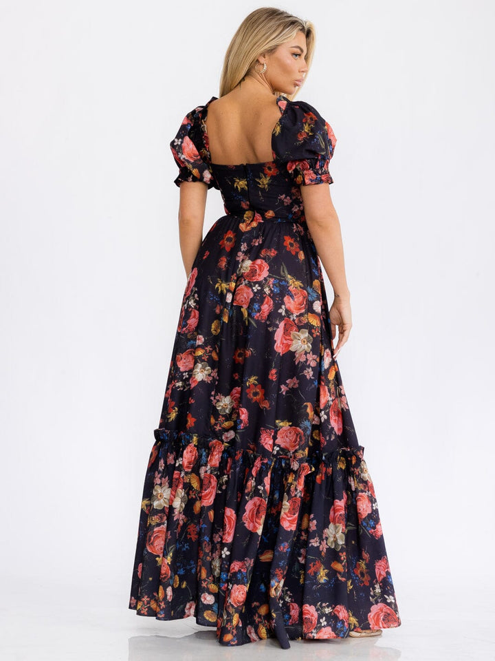 WOMEN'S SHORT PUFF SLEEVES FLORAL MAXI DRESS
