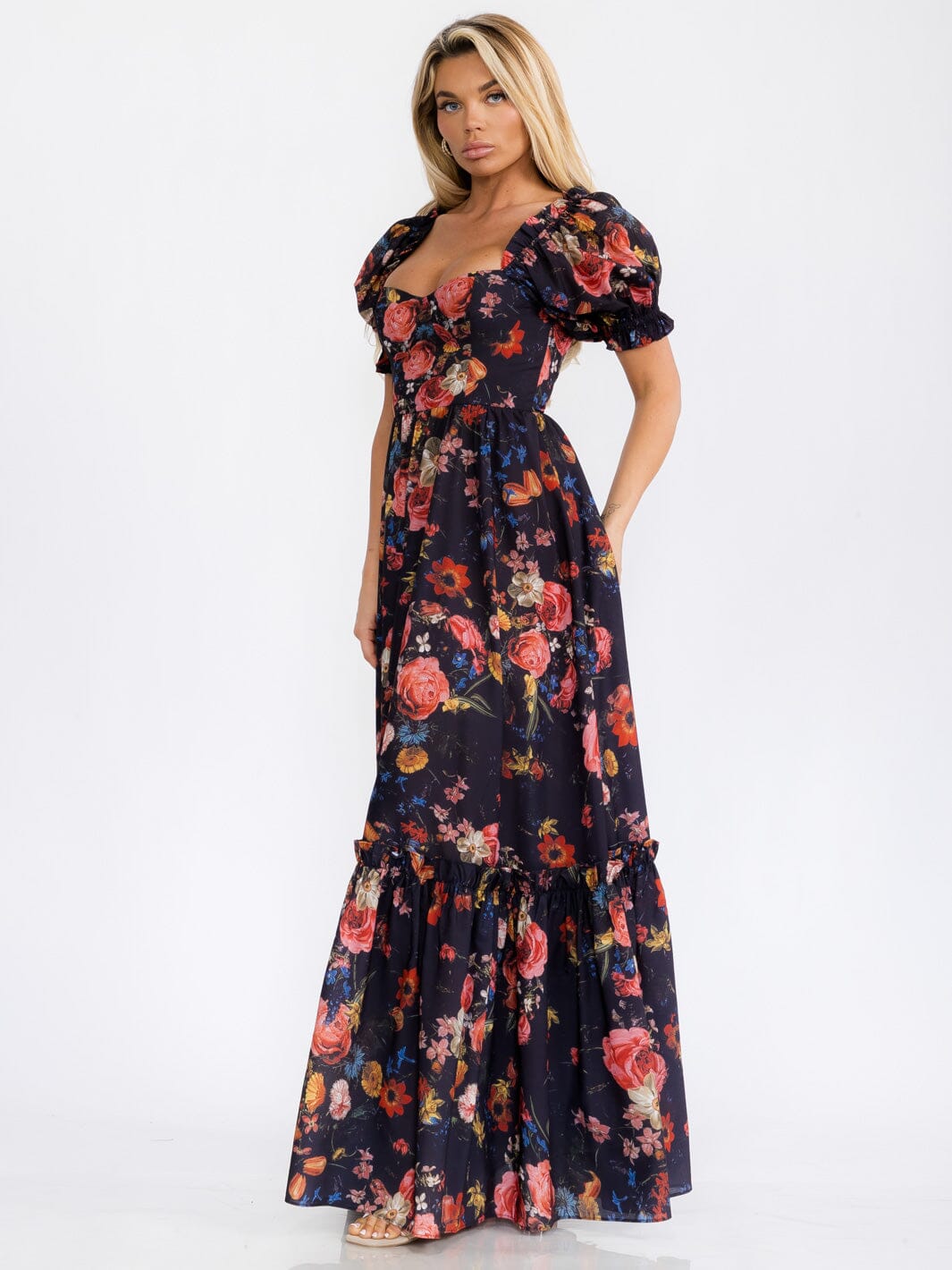 WOMEN'S SHORT PUFF SLEEVES FLORAL MAXI DRESS