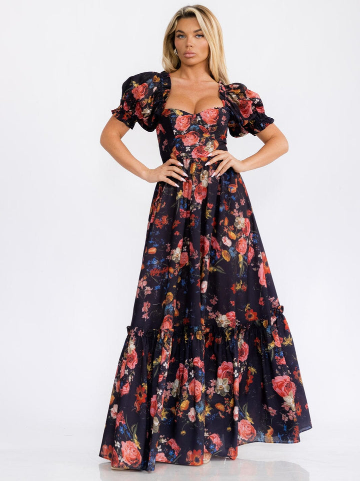 WOMEN'S SHORT PUFF SLEEVES FLORAL MAXI DRESS