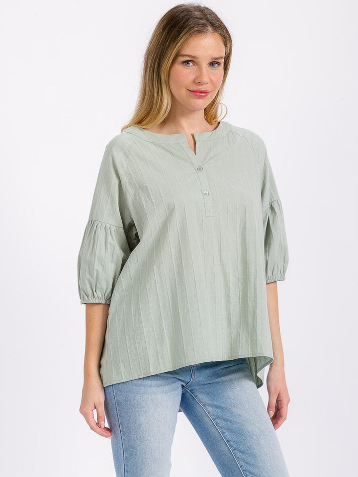 WOMEN'S SHORT PUFF SLEEVE BUTTON UP LOOSE FIT BLOUSE