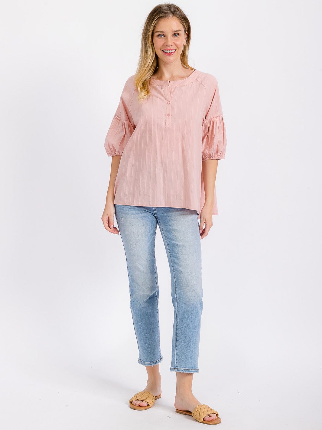 WOMEN'S SHORT PUFF SLEEVE BUTTON UP LOOSE FIT BLOUSE