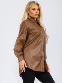 WOMEN'S LONG SLEEVE BUTTON CLOSURE PU PLEATHER JACKET